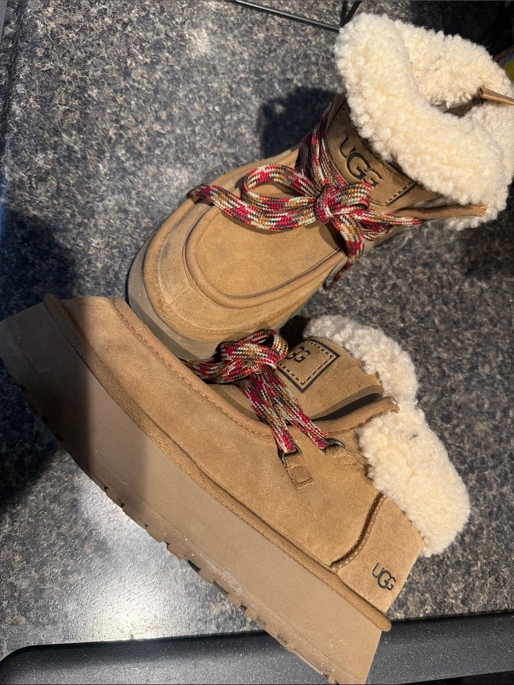 UGG Chestnut Suede Shearling Lace-Up Winter Boots with Multicolor Laces